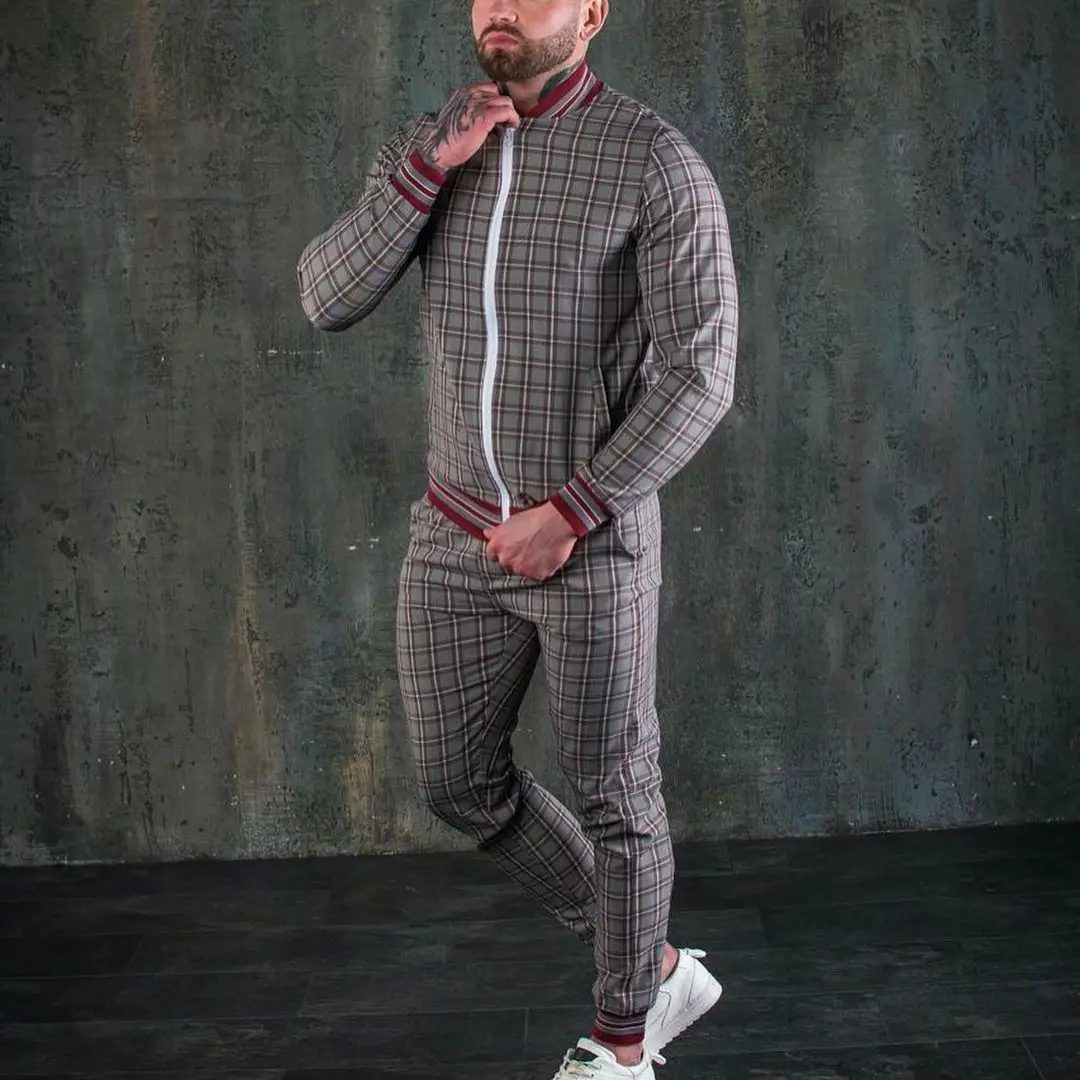 Nowy dżentelmen w kratę męskie zestawy dresów w stylu Casual, na zamek błyskawiczny kurtka płaszcz strój sportowy wysokiej jakości 3D Print moda 2-częściowa męska odzież