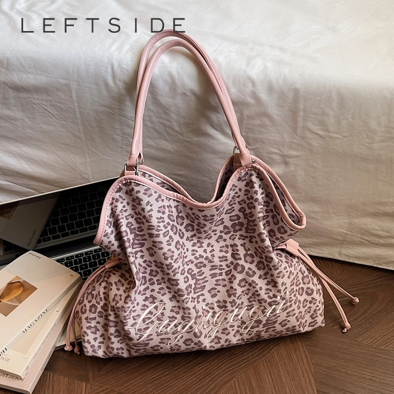 

LEFTSIDE Women's Leopard Print Tote Bag Animal Pattern Shoulder Bag with Drawstring Sides and Leather Handles Cute Fashion Purse