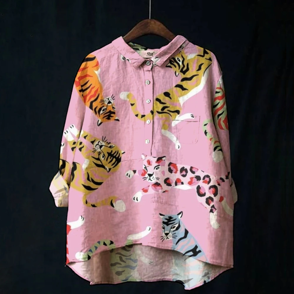 Vibrant Tiger Print Blouse Playful  Wild Fashion Animal Patterned Shirt Pink Tigers Print Shirt Casual Artistic  Printed Blouse