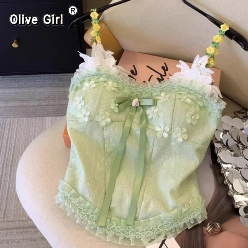 Olivegirl Green 3D Flower Lace Camisole Vest Chic Women's Tanks Summer Bow Wrapped Chest Pure Desire Chest Cushion Small Top