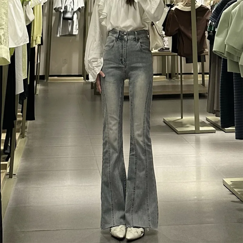 

Легкие джинсы с высокой талией и микро-клеш, женские осенние джинсы 2024, новинка Sle, двойной синий, для похудения, свободные, длиной до пола, большие размеры, Hor...