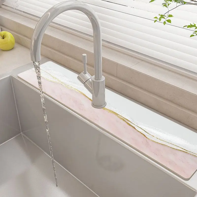 VIKAMA Pink Marble Gold Vein Sink Faucet Drip Mat Absorbent Kitchen Counter Drain Pad Non Slip Quick Dry Tableware Drying Mat