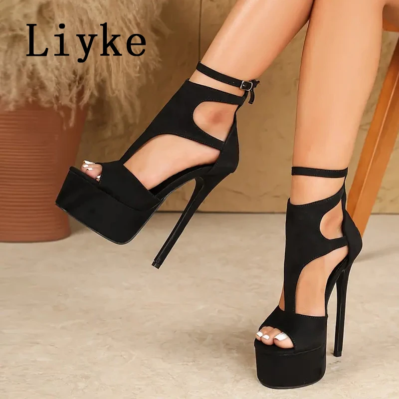 Liyke Model Show Sexy Extreme High Heels Platform Sandals For Women Fashion Zip Buckle Strap Open Toe Banquet Party Dress Shoes