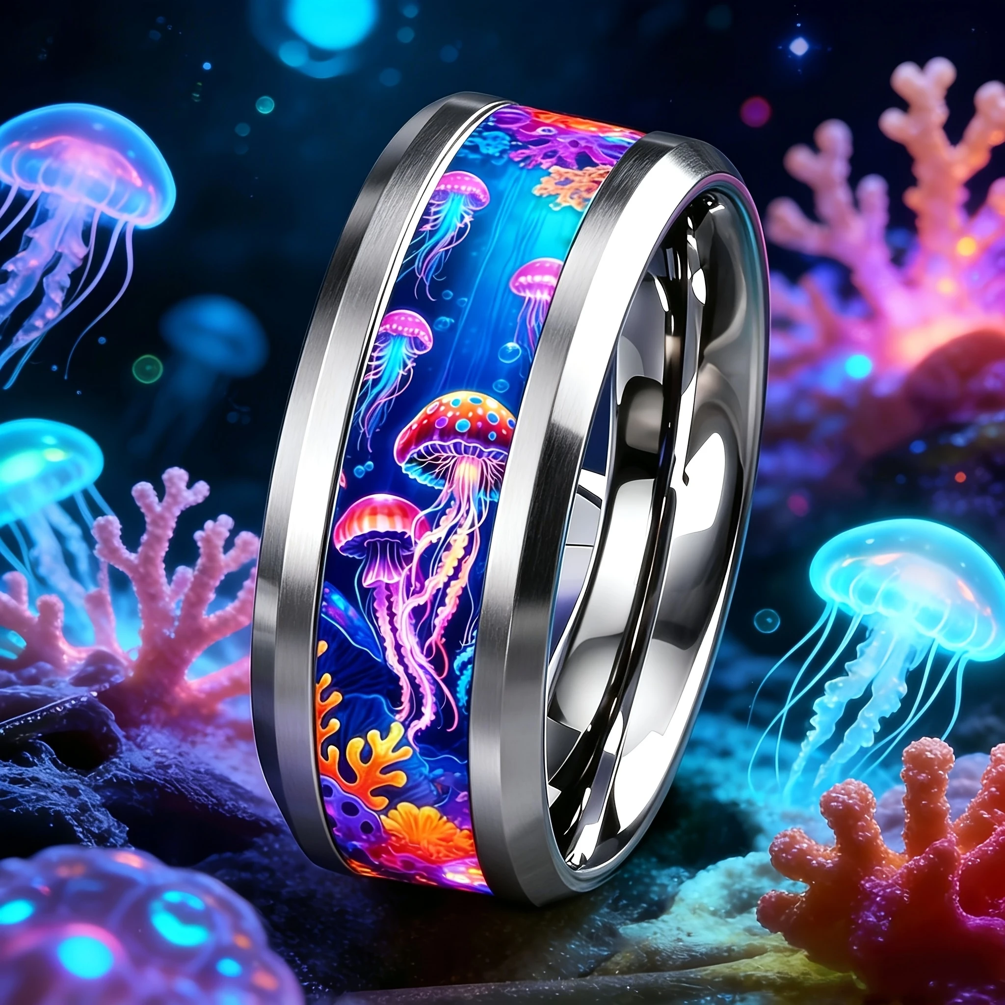 Cute Ocean-Themed 8mm Men Stainless Steel Ring with Dreamy Sea Jellyfish Pattern Inlay Rings for Teenager Wedding Party Jewelry