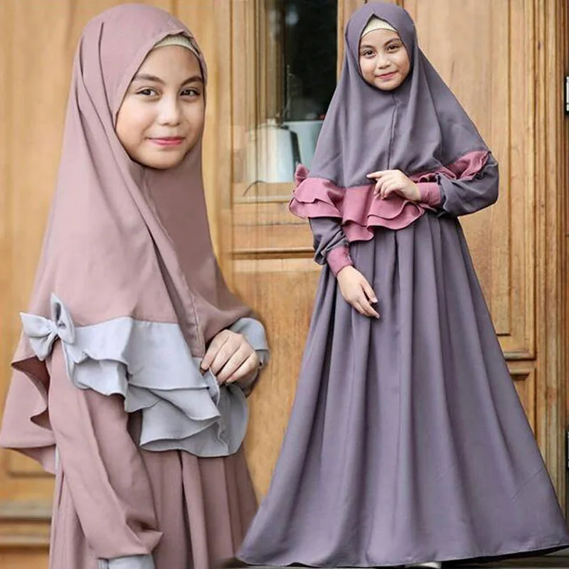 

New Spring Autumn 2 Pieces Sets Muslim Children Ramadan Hijab Khimar Jilbab Kids Abaya Girls Princess Dress Agaric Lace Turban