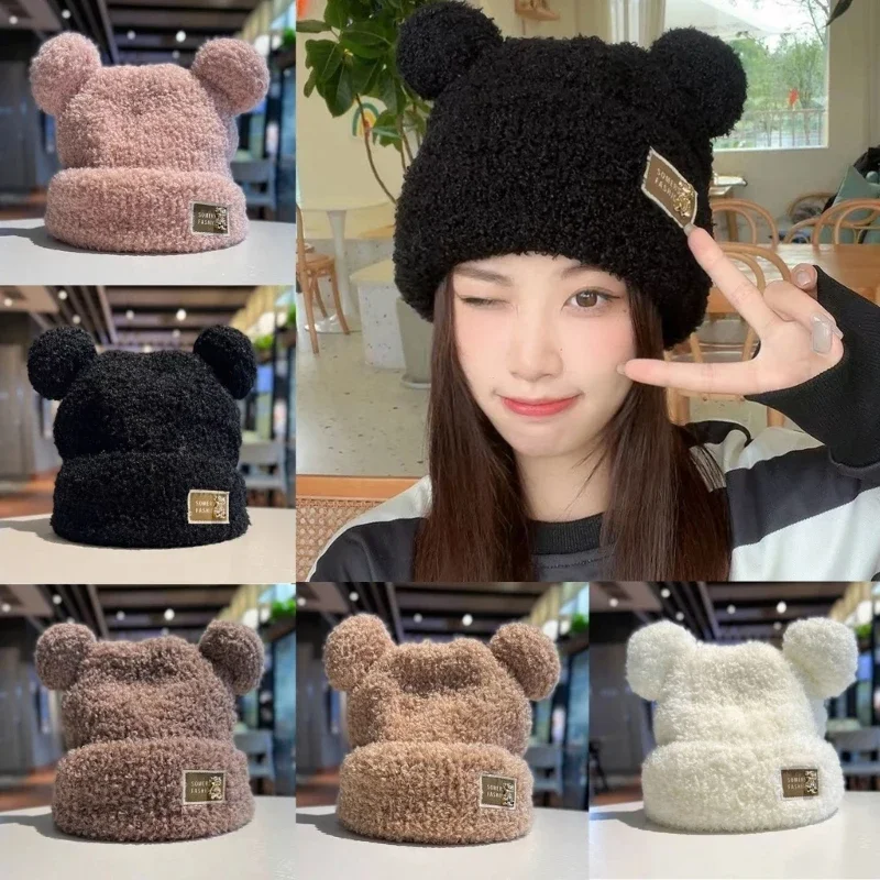 2023 Winter Windproof Women Warm Beanie Caps Fashion Floppy Bear Ear Decorate Thicken Plush Hats for Outdoor R7RF