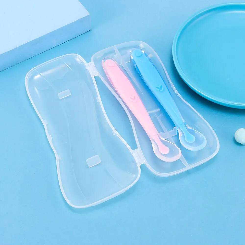 2Pcs Baby Silicone Spoon Set Kids Soft PP Plastic Pink Blue Safe Spoon With Box