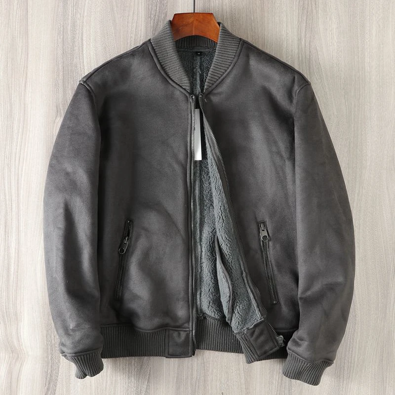 Thickened Suede Lamb Fur Collar Baseball Jacket Casual Outerwear for Men Autumn Winter Integrated Leather And Fur Jacket