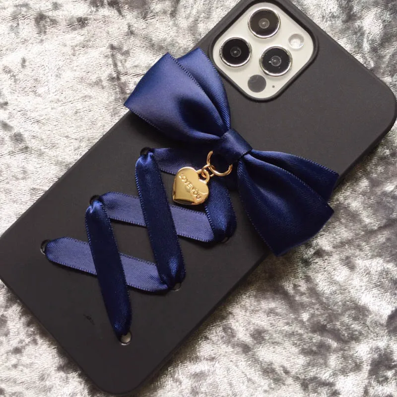 Harajuku Y2k لوليتا فتاة ثلاثية الأبعاد الشريط Bowknot جراب هاتف آيفون 16 15 برو ماكس X XS XR غالاكسي أسود لامع غطاء ناعم #2