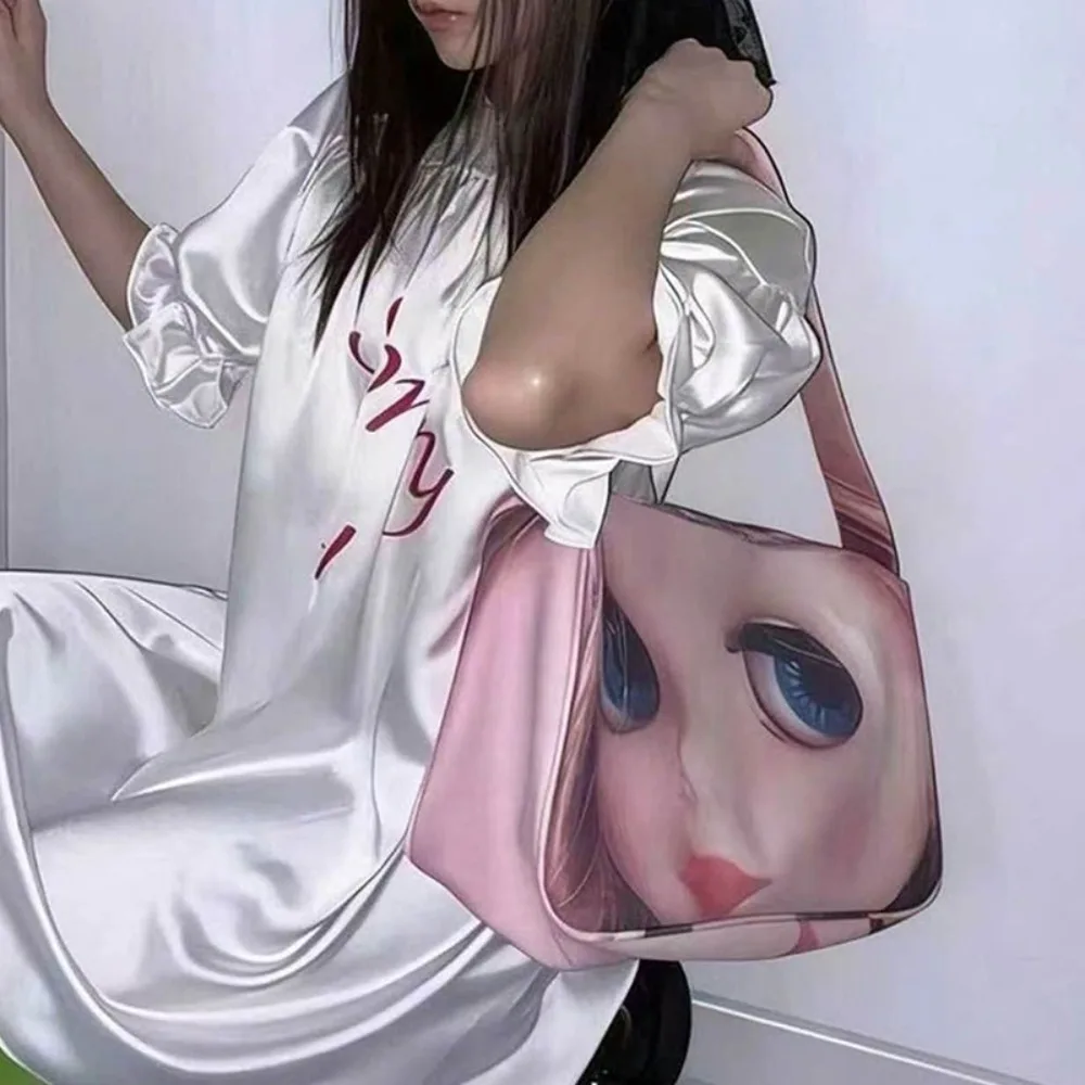 Big Eyed doll Print Ins Fashionable Crossbody Bag Pink Sweet Cool Spicy Girl niche Style Y2K Large Capacity Shoulder Tote Bag
