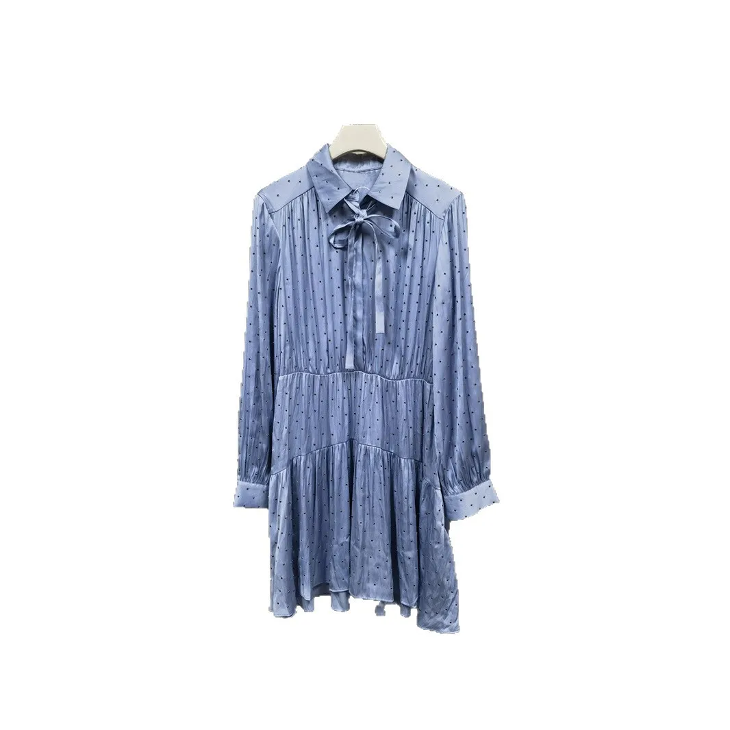 【هدية مجانية】أنيقة 2025 أوائل الخريف موضة جديدة حجر الراين مزين ربطة القوس فيونكة قميص طوق فستان المرأة