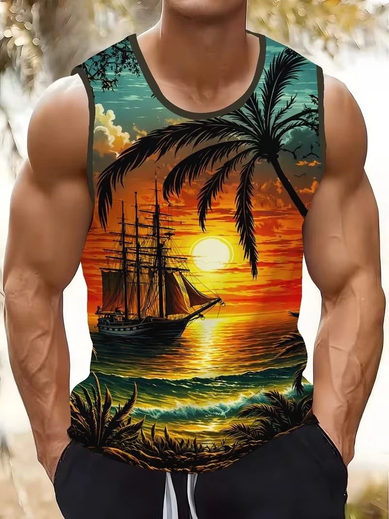 Mens Gradient Sunset Island Palm Tree Print Sleeveless Tank Top Breathable Casual O Neck Vest For Trendy Summer Beach Vacation