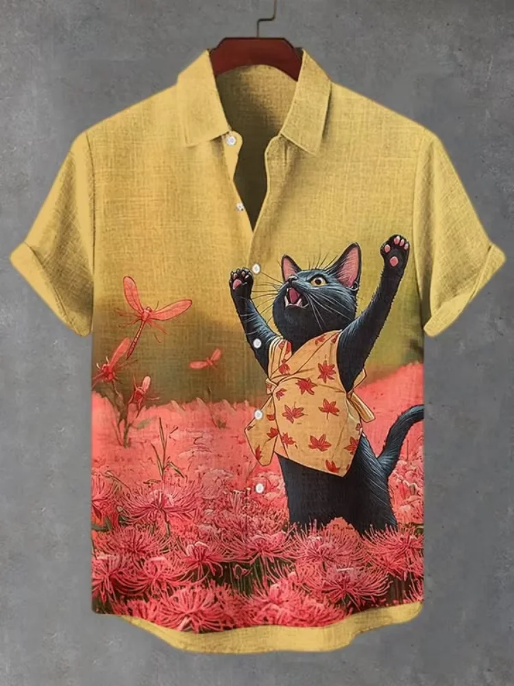 

Men's Retro Cartoon Anime Cat Theme Short Sleeve Shirt Casual Loose Tops Fashion Summer Men Button Down Lapel Collar Tunics Male