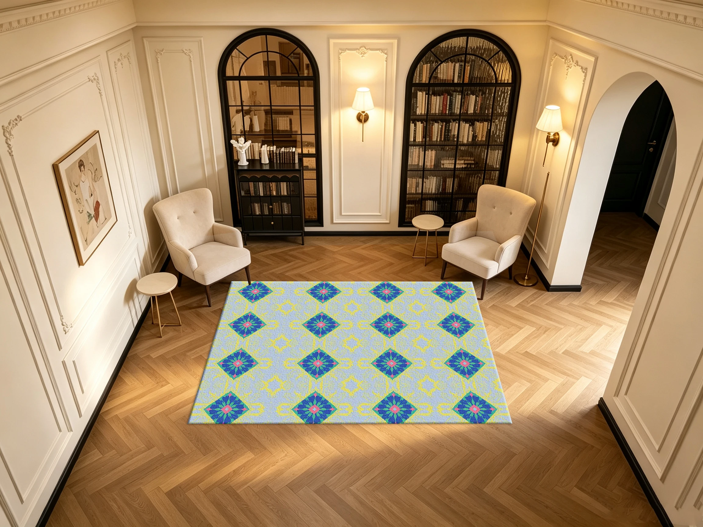 Boho Bright Diamond Floral Tile Carpet Flooring Colorful Ethnic Geometric Seamless Printed Square Area Rug for Home Interior Decoration