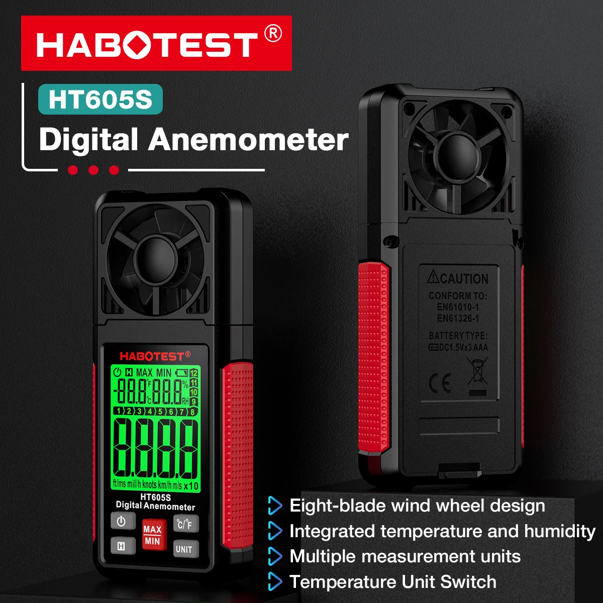 

HABOTEST HT605S цифровой ручной анемометр портативный измеритель скорости ветра ЖК-дисплей для измерения температуры и влажности