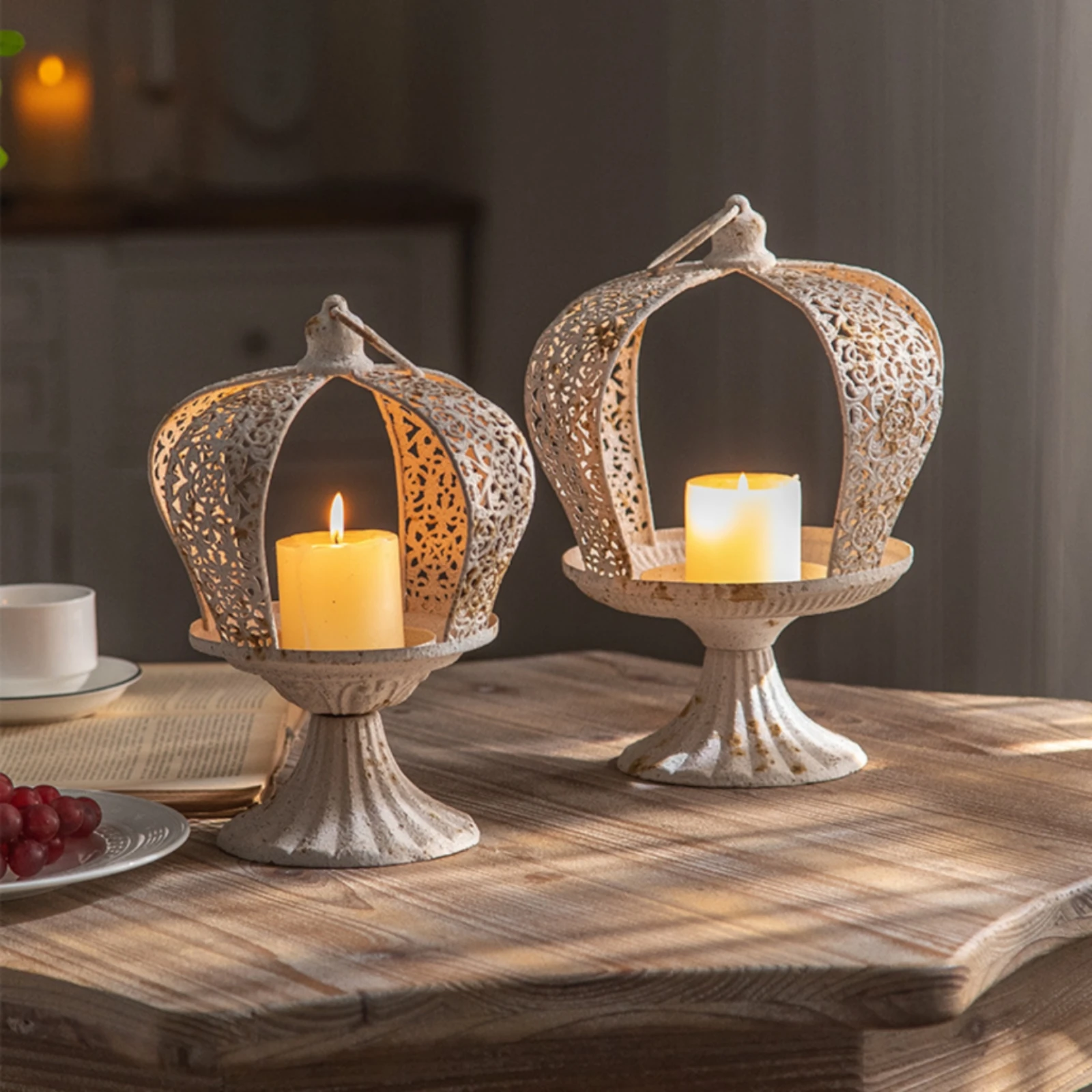 Crown Candle Holder Openwork Candle Holder with Pedestal Crown Glass Candlestick Antique Style Glass Candlestick Decorative