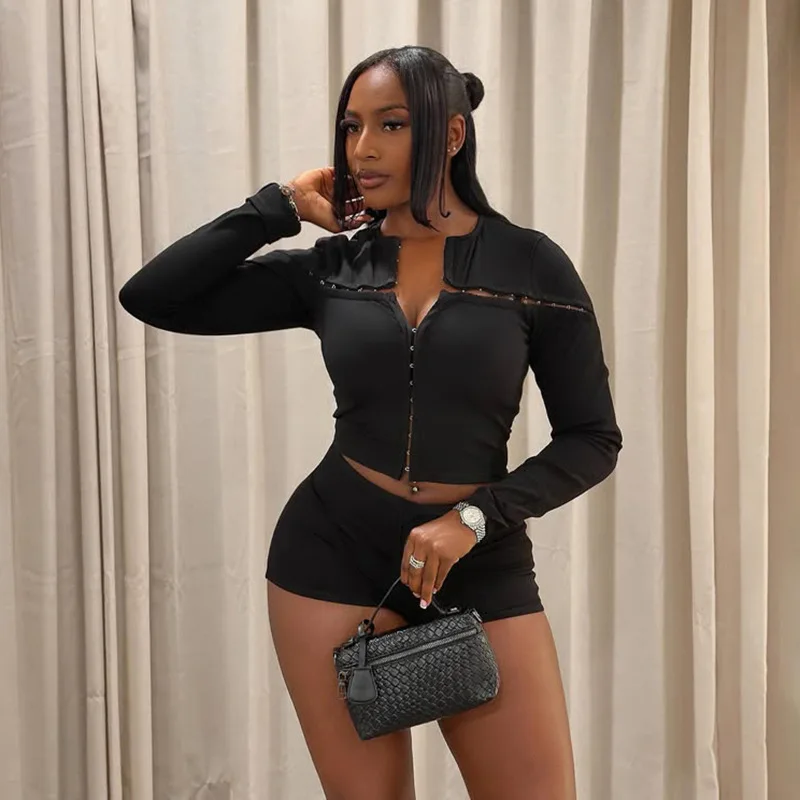 Women Black 2 Piece Set Sexy Hook Clasp Hollow Full Sleeve Crop Top+Hot Pants Matching Y2K Streetwear Party Club Outfits
