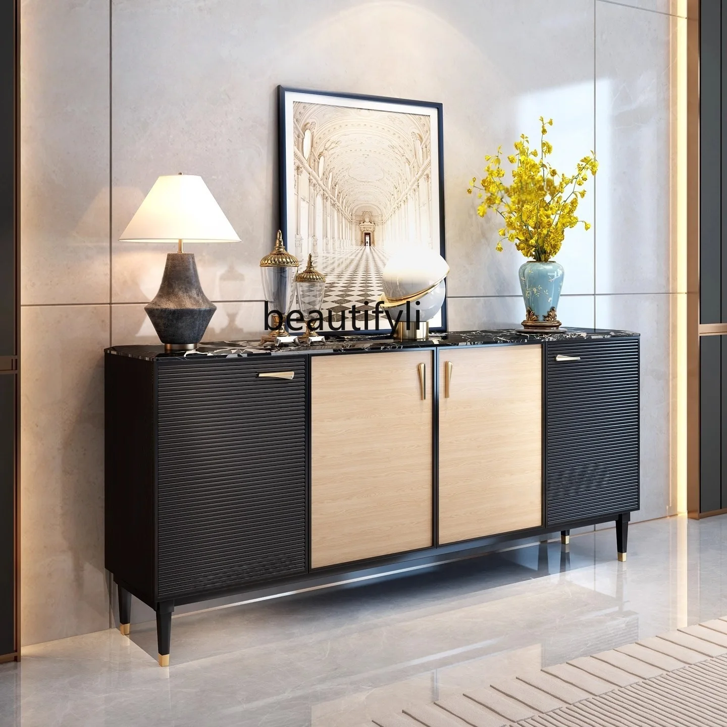 

Italian Retro Style Entryway Cabinet Villa French Living Room High-End Solid Wood Storage Cabinet Marble Sideboard