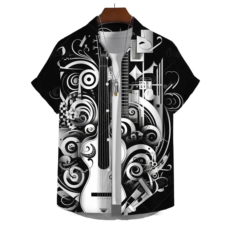

Гавайская рубашка с гитарным черным и белым узором, мужские свободные рубашки с 3D рисунком музыкального пианино, летние пляжные топы с лацканами, Уличная Повседневная Блузка