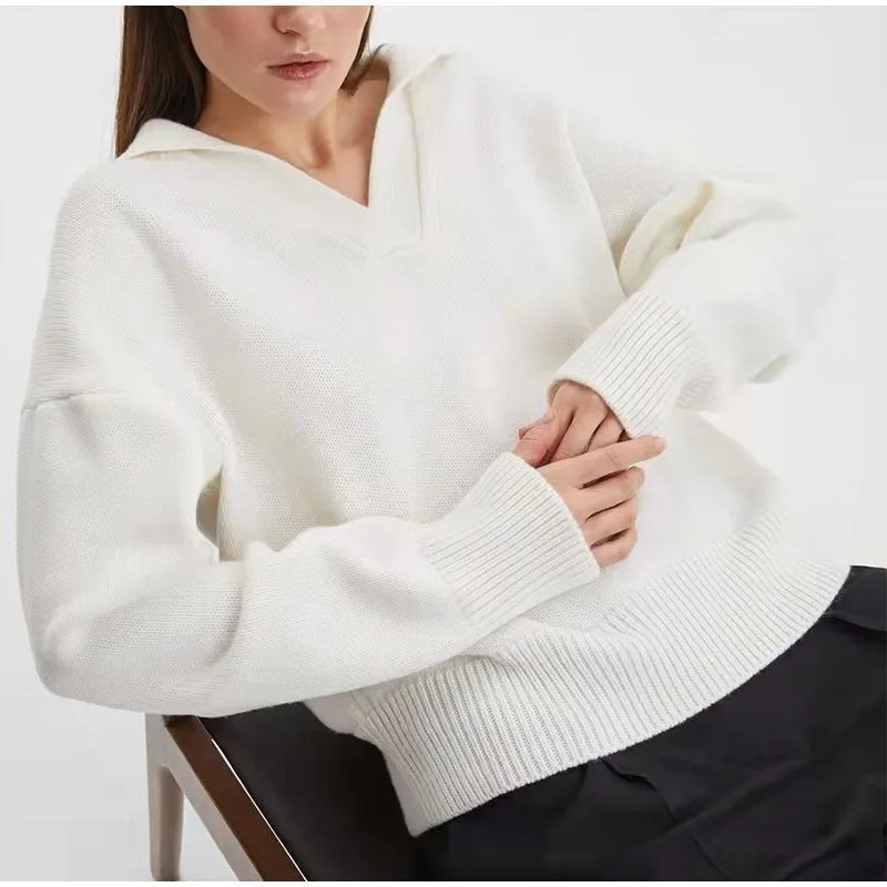 Jocoo Jolee Green Chic Women Polo Collar Knitted Pullover Casual Oversize Female Sweater Solid Color V Neck Jumper Streetwear