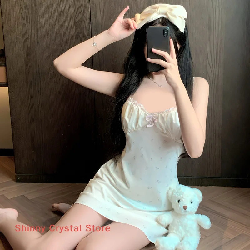 

New Sexy Lingerie Women Sweet Pure Desire Floral Cherry Bow Polka Dot Print Sling Nightdress