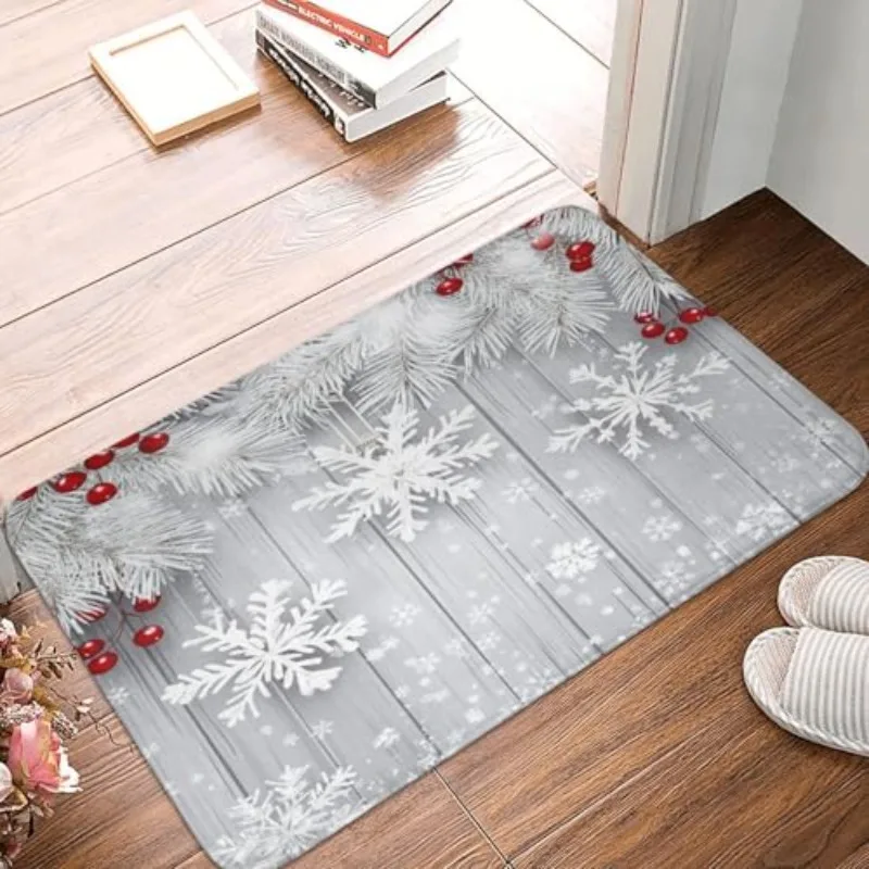 Grey Wood Snowflake Pine Berry Doormat Winter Snow Scene Print Entry Floor Mat Christmas Holiday Front Door Indoor Home Decor
