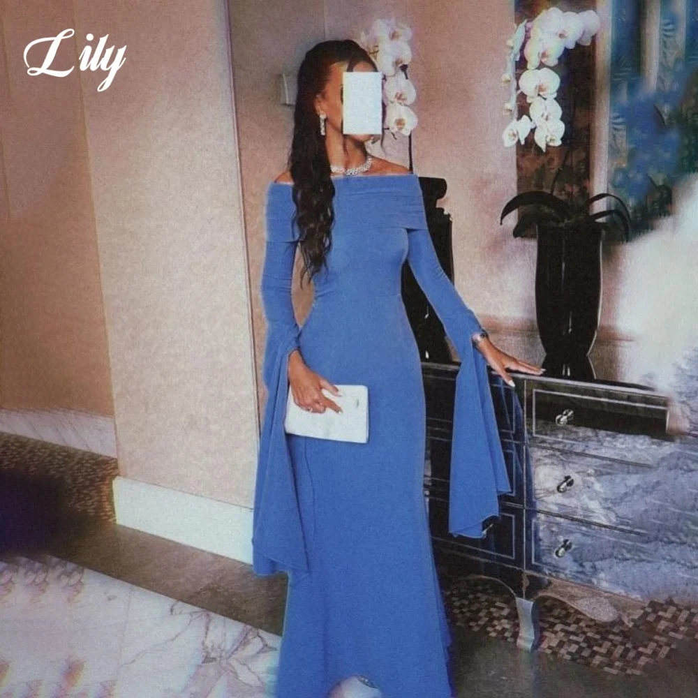 

Lily Blue Elegant Prom Dresses Off the Shoulder Long Sleeves Evening Gown Satin Floor-Length Ball Gown حزب فساتين Customized