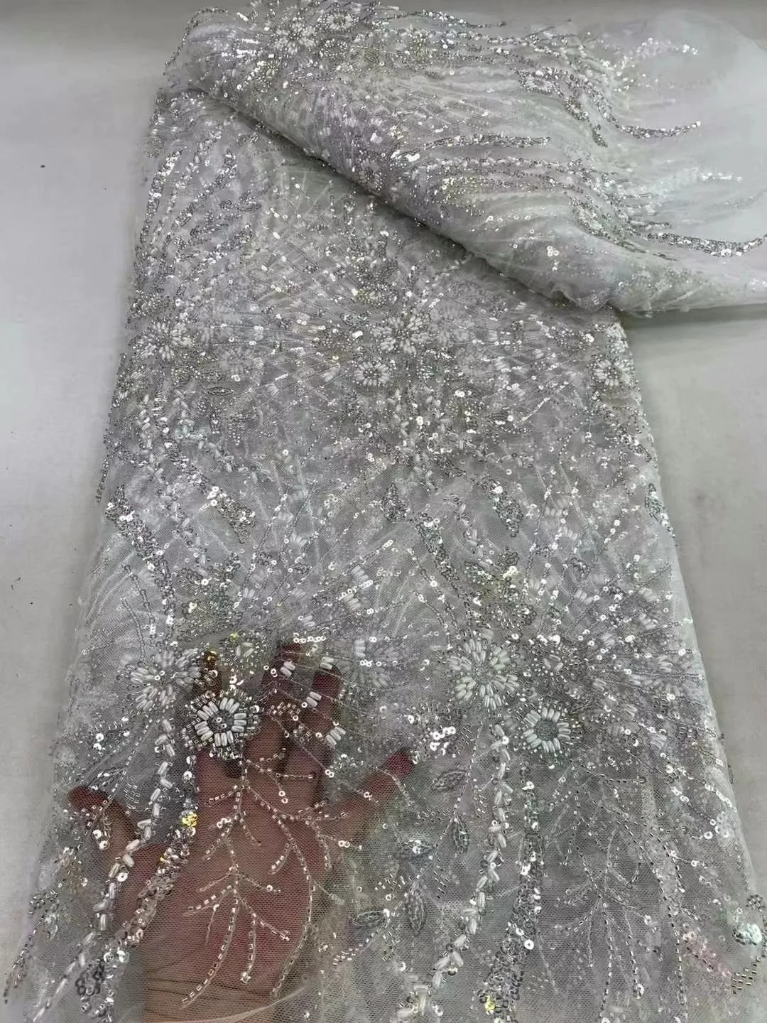 White African French Net Sequins Bridal Lace Fabric 2024 High Quality Embroidery Crystal Pearl Luxury Beaded Lace 5 Yards W281-1