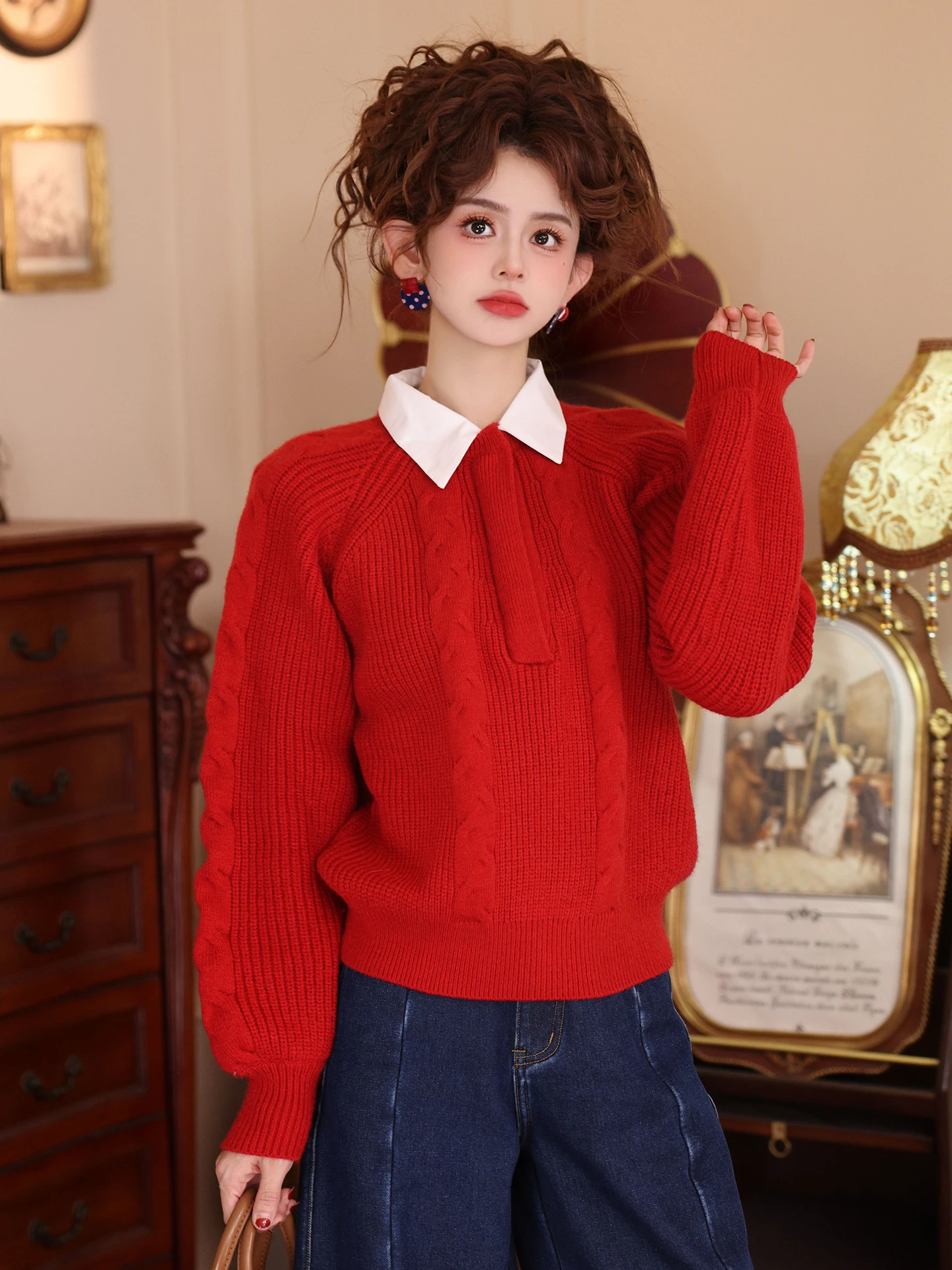 

Red Knitted Sweater Women's Casual Loose Fit Fake Two-Piece Turn-down Collar Twist Flower Design Autumn Winter New Sle Top