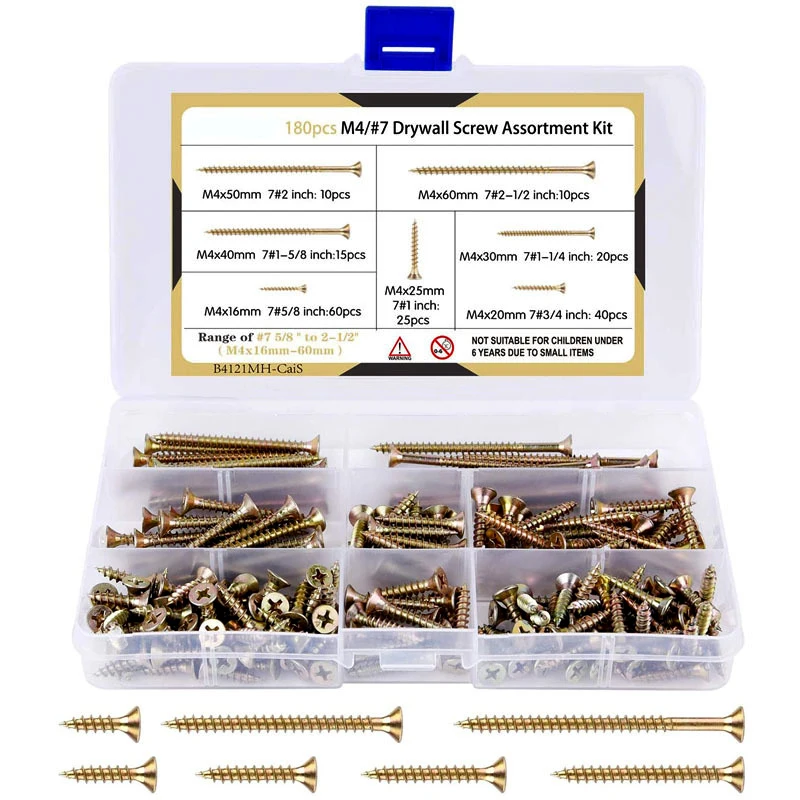 

180PCS M4 Carbon Steel Drywall Screw Cross Countersunk Head Wood Self-tapping Screws Set Plasterboard Screws Nail Kit