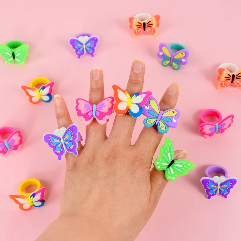 

6pcs PVC Butterfly Rings Colorful Butterfly Jewelry Kids Birthday Party Favors Gift Toys Children's Day Ornaments Accessories