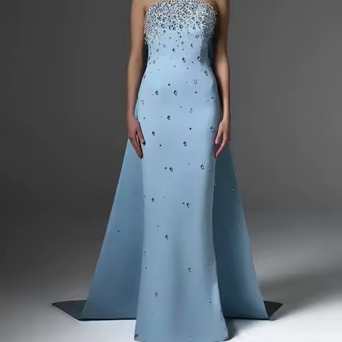 Elegant Classic Evening Dresses Jersey for Floor-Length Watteau Strapless Sleeveless Prom Dress Straight Crystal Customized