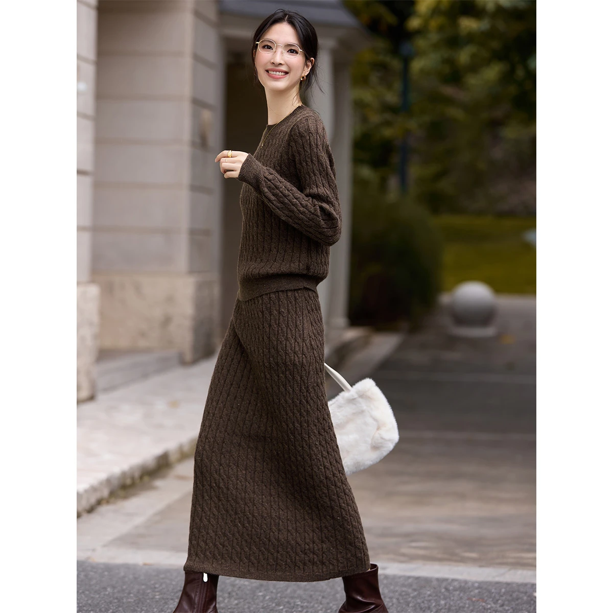 VIMLY Conjunto de falda de dos piezas de punto para mujer, suéter de cuello redondo tejido por Cable, faldas largas, conjunto de falda informal, 2 piezas para mujer 75222
