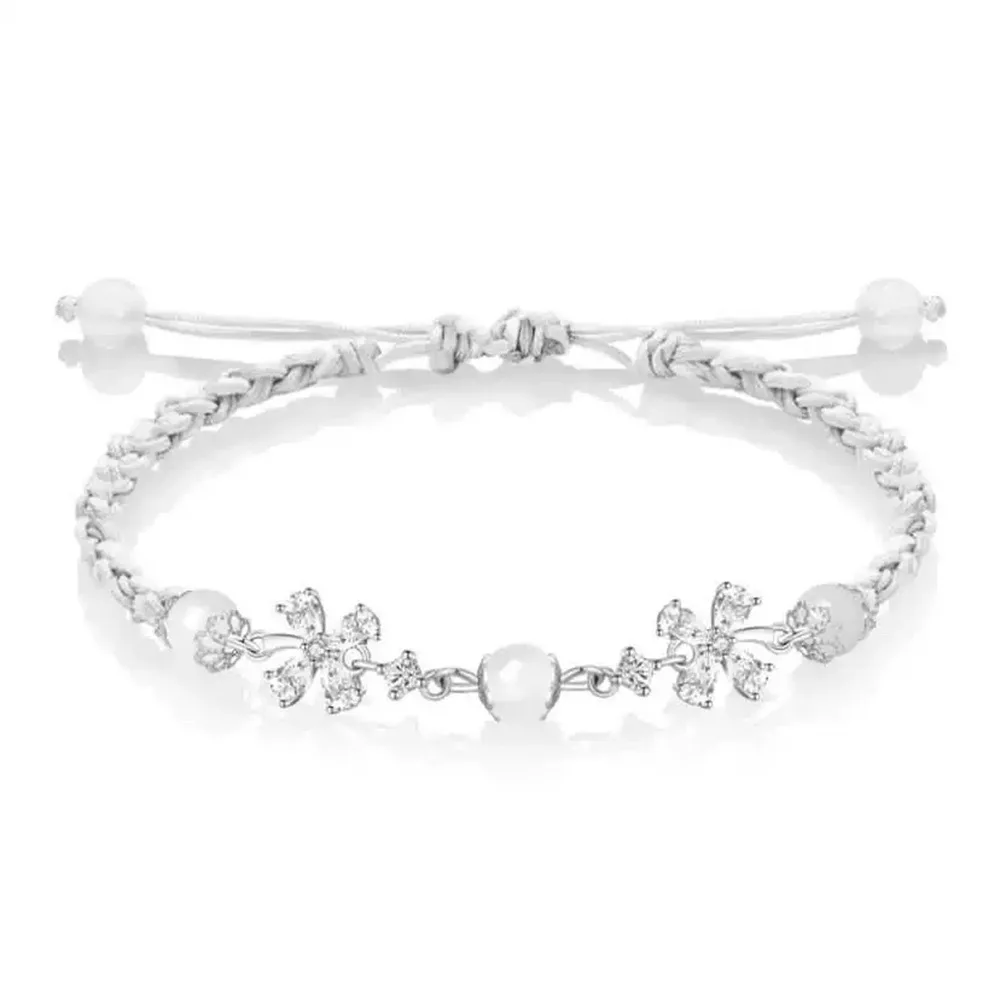 925 Sterling Silver Braided Rope Flowers Charm Bracelet for Women, Wedding Party Jewelry, Elegant Fashion Gift