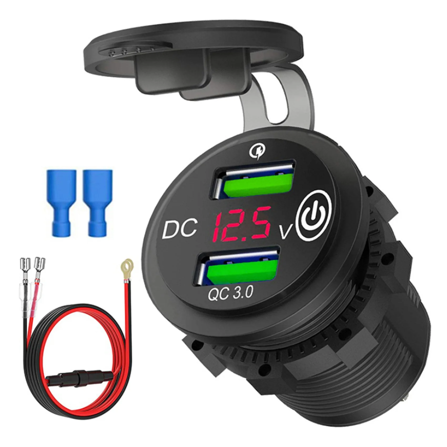 USB Car Charger Socket Dual QC3.0 Port Quick Charge 12V/24V Car Adaptor with LED Digital Voltmeter Touch Switch A