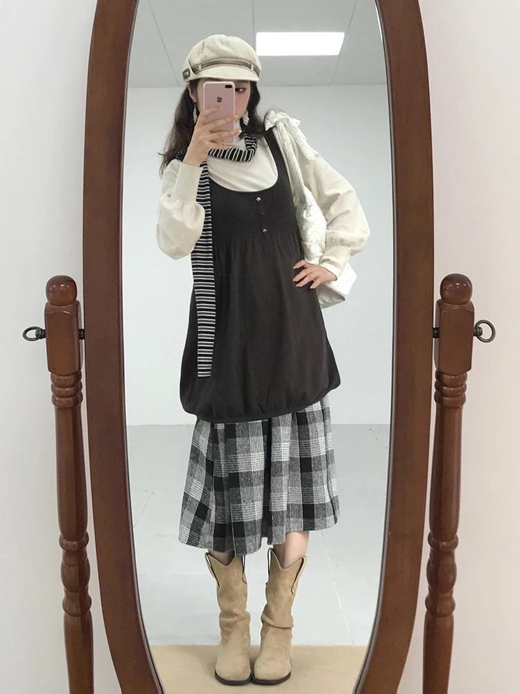 Laidba Holiday Vintage Set Top Ruffle Vest Long Plaid  Skirt Tee Piece Set Autumn Faion Women's Long Sve Outfit