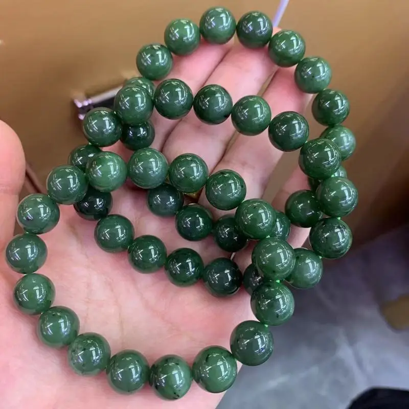Hetian Round Bead 12Mm , Spinach Green With A Few Black Spots, Jasper Single Strand Bracelet