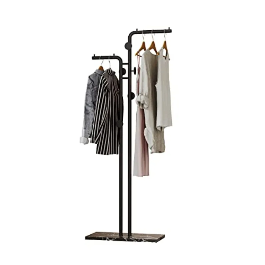 

Double-pole Coat Rack Freestanding Modern Metal Coat Racks Hanger Stand with 5 Hooks and Natural Marble Base for Bedroom Office