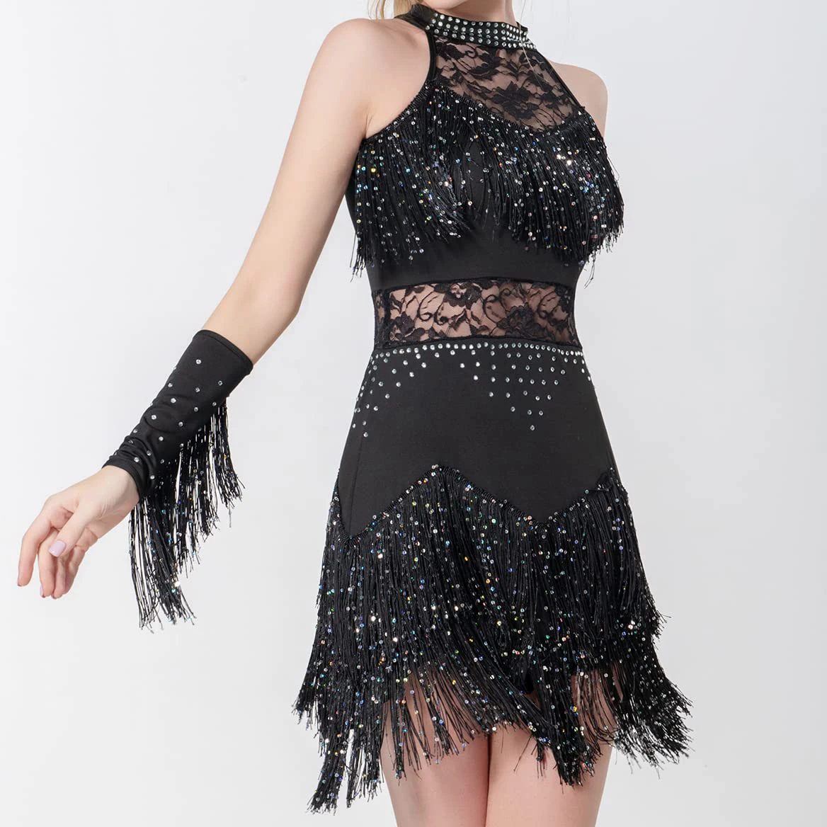 Latein-Tanzkleid mit Armband, Damen, Spitze, Strass, Fransen, Samba, Rumba, Tango, Gesellschaftstanz, Performance, Wettbewerbskostüm