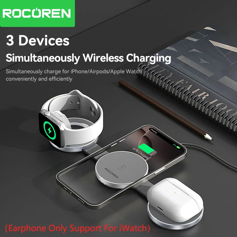Rocoren Foldable 3 in 1 Magnetic Wireless Charger Portable Fast Charging Dock Station For iPhone 16 15 14 Pro Max iWatch AirPods