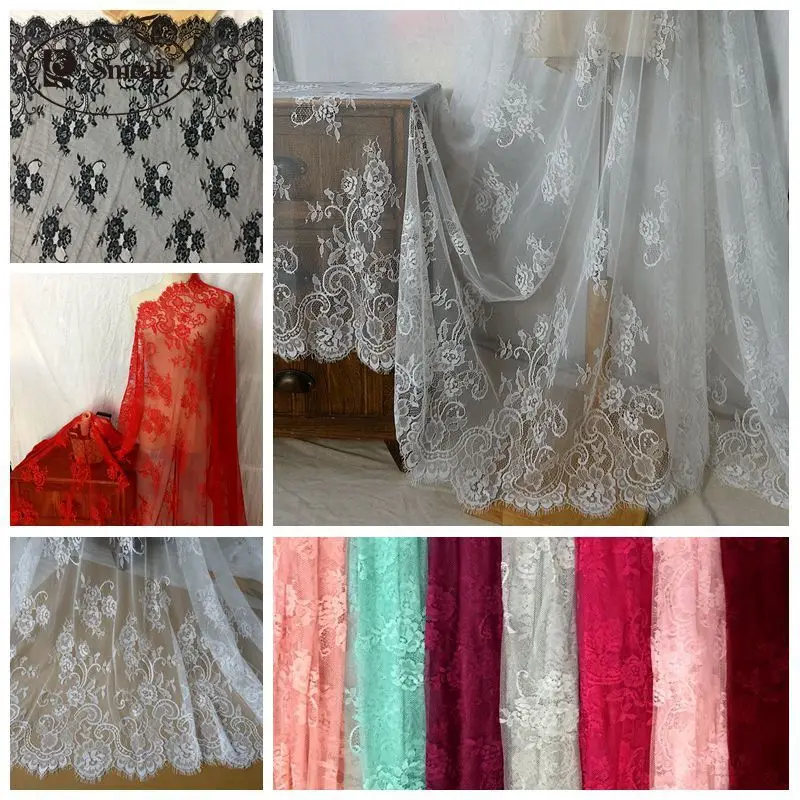 New High Quality and Exquisite Black and White Embroidered Eyelash Lace Fabric, DIY Wedding Dress Dress and Skirt Decoration