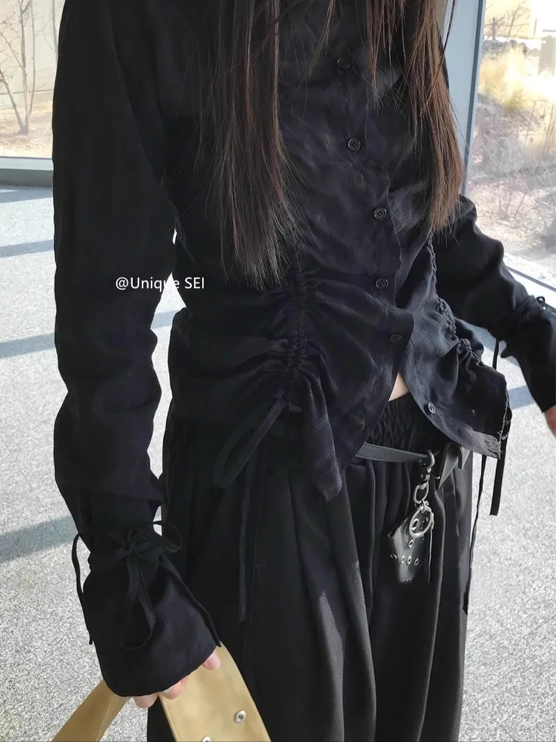 

Blusas Mujer De Moda 2025 Grid Tied Pleated Drawstring Long Sleeved Shirt Black Y2k Shirts & Blouses Blue Tops