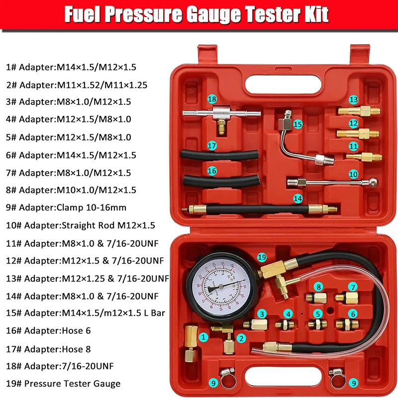 TU-114 Fuel Injector Pressure Gauge Tester Kit Diesel Engine Compression 0-140 PSI Gas Oil Pressure Tools for Car Motorcycle