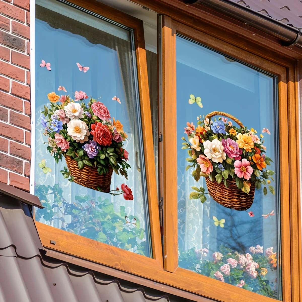 2pcs Flower Basket Floral & Butterfly Theme Wall & Window Decal, Suitable for Doors, Windows, Bedroom, Living Room, Store Window