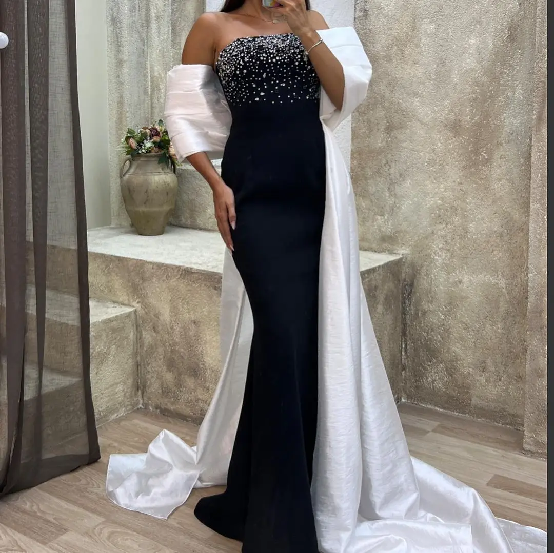 Pink Beads 2-Piece Prom Dresses Black Mermaid Cape Floor-Length Strapless New Design Prom Dresses Formal Occasion Party Dresses