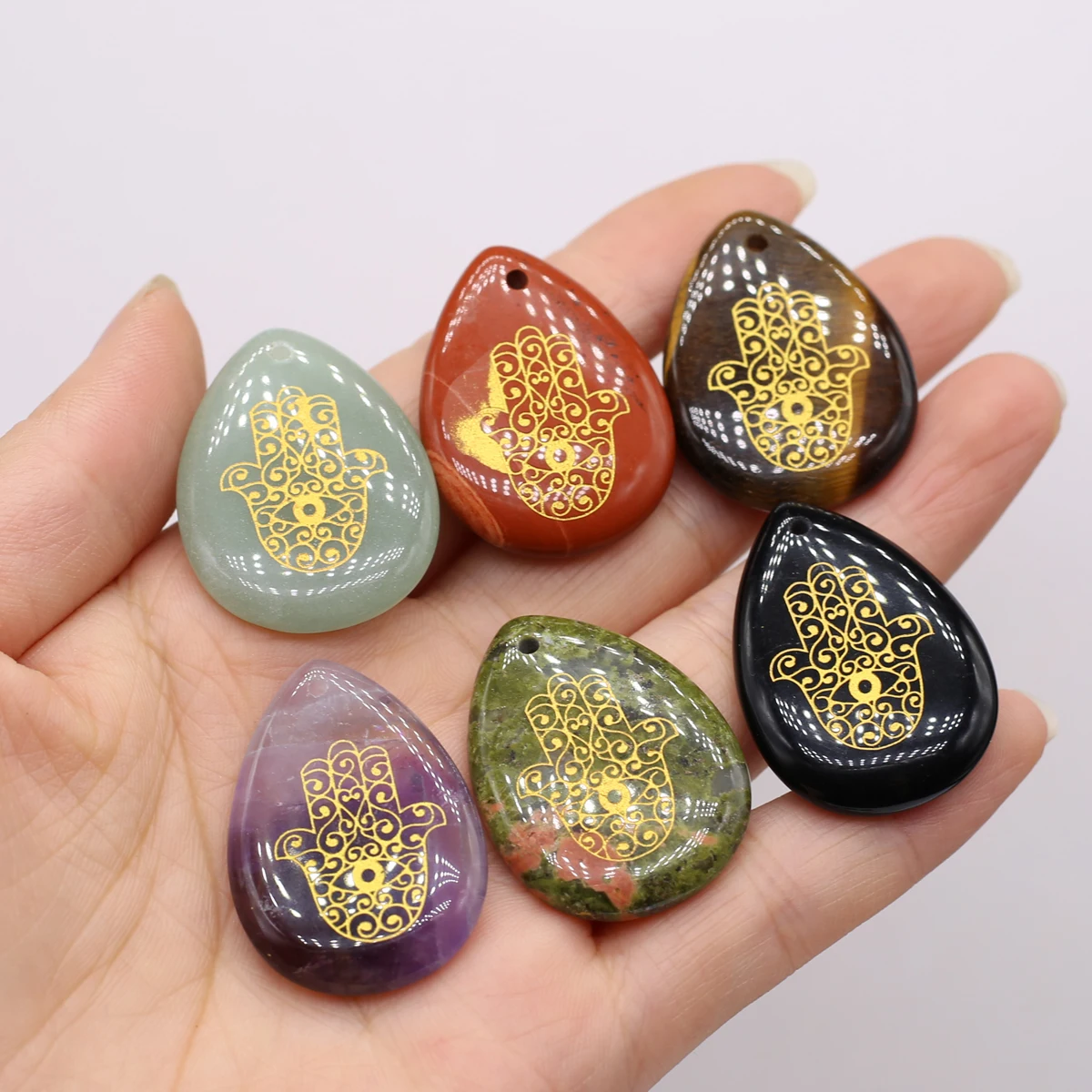 1pc Naturstein Palm Print Reiki Kristall Anhänger Tropfen Form Charms für Schmuck Machen DIY Halskette Ohrringe Zubehör