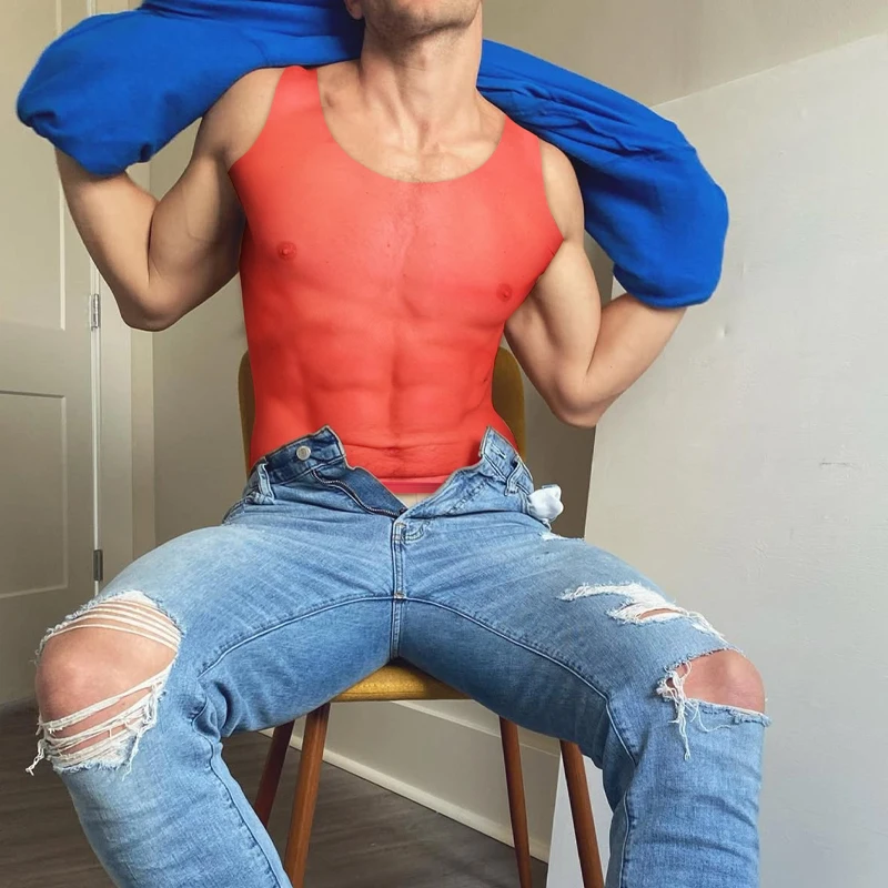 メンズ痩身アンダーシャツセクシーな透明ジムワークアウトタンクトップ固体通気性快適な高弾性ノースリーブベスト