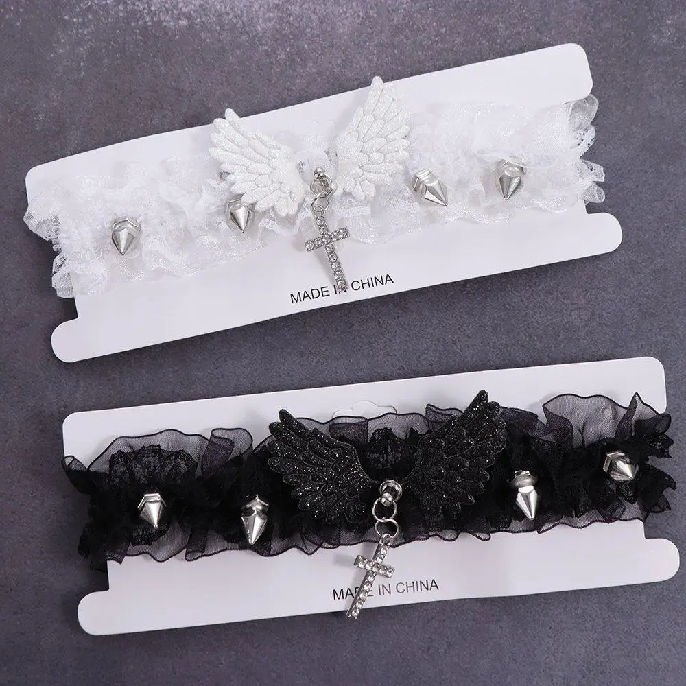 Lolita Solid Color Women's Necklace Wide Lace Rivets Lace Choker Angel Wings Delicate Leather Necklace Lady