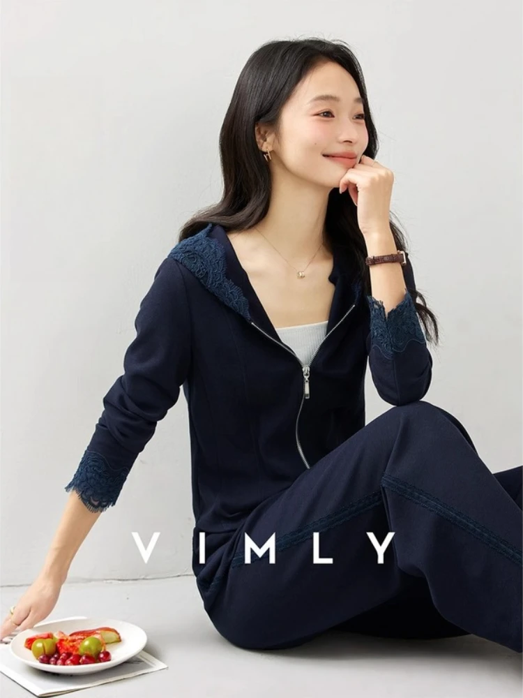 

VIMLY Two-piece Navy Blue Pants Set Ladies 2025 Autumn Sporty Hooded Lace Splicing Tops Casual Straight Trousers Set Woman A1929