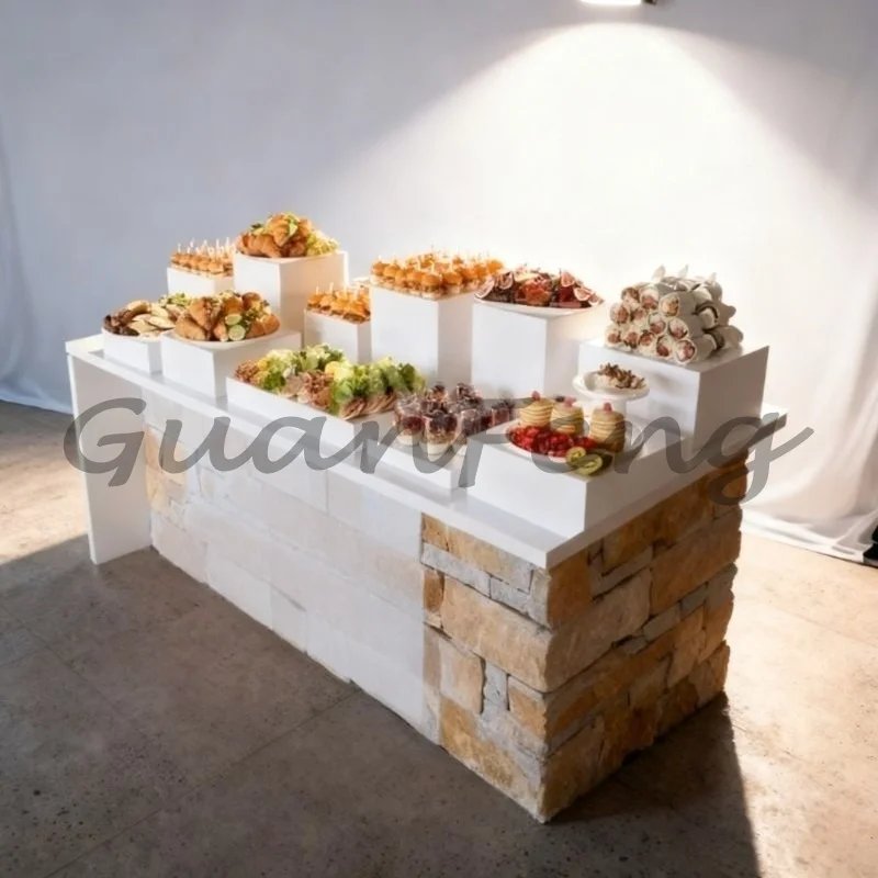 White Acrylic Nested Cube Buffet Riser, Apricot Pie Food Display Stand for Restaurant, Wedding & Party Serving